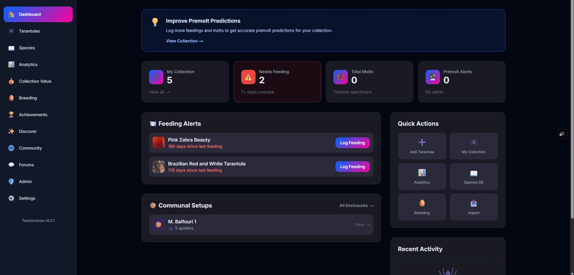 The Tarantuverse dashboard, showing feeding alerts, collection stats and premolt tracking
